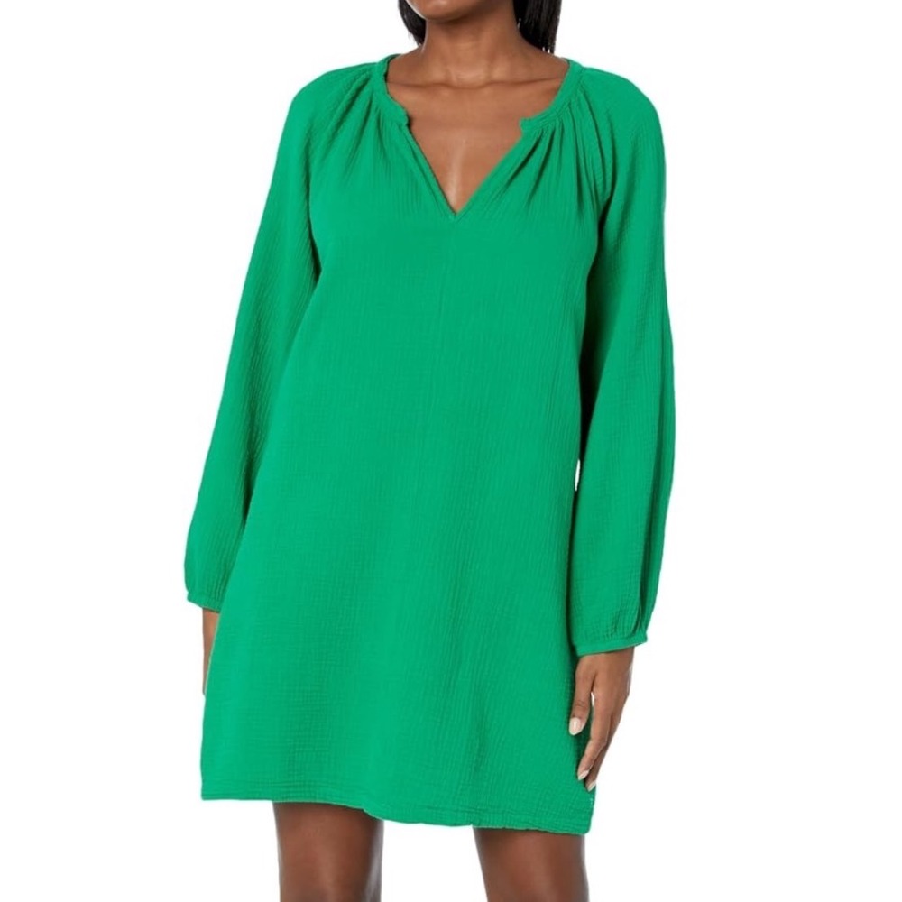 Monrow Kelly Green Double Gauze Cotton Mini Dress XS Long Sleeve Shift coastal